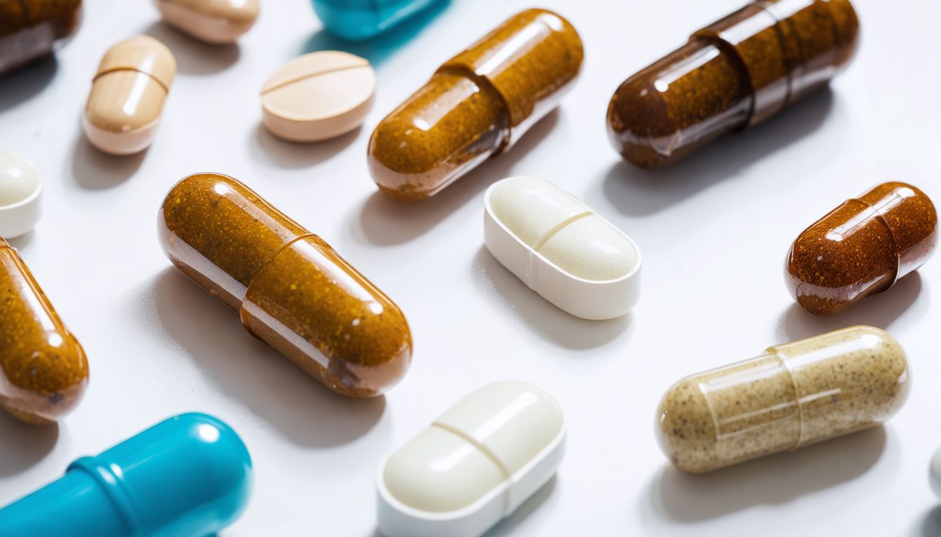 Bottles of men's sexual health supplements on a table with a stethoscope and medical notebook, symbolizing an evidence-based review